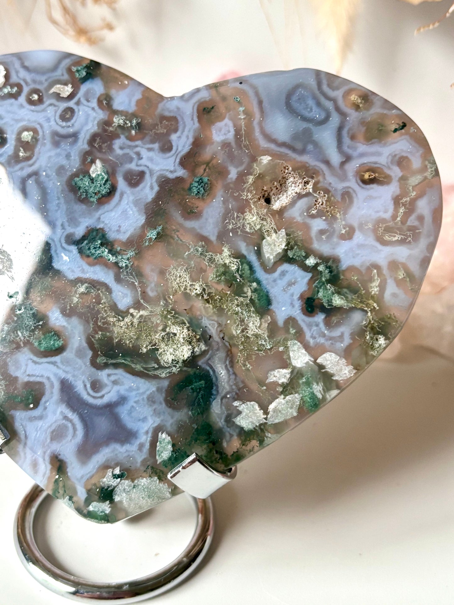 Moss Agate & Blue Chalcedony Heart with Stand