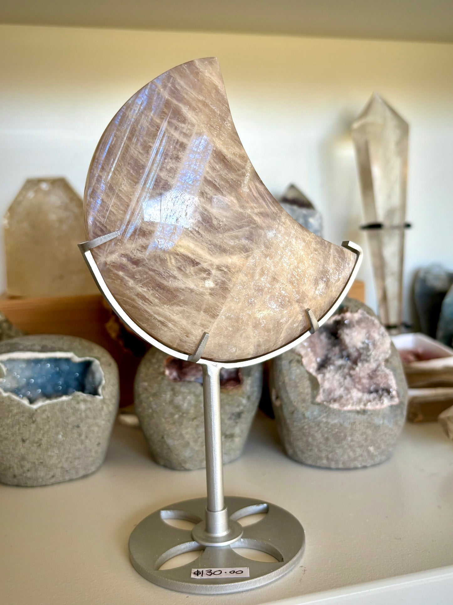 Blue Flash Moonstone Moon & Stand