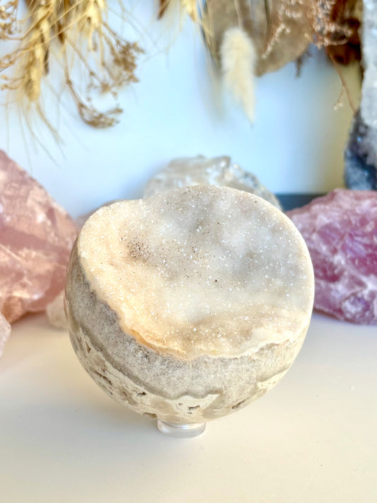 White Crazy Lace Agate & Sparkle semi - Sphere