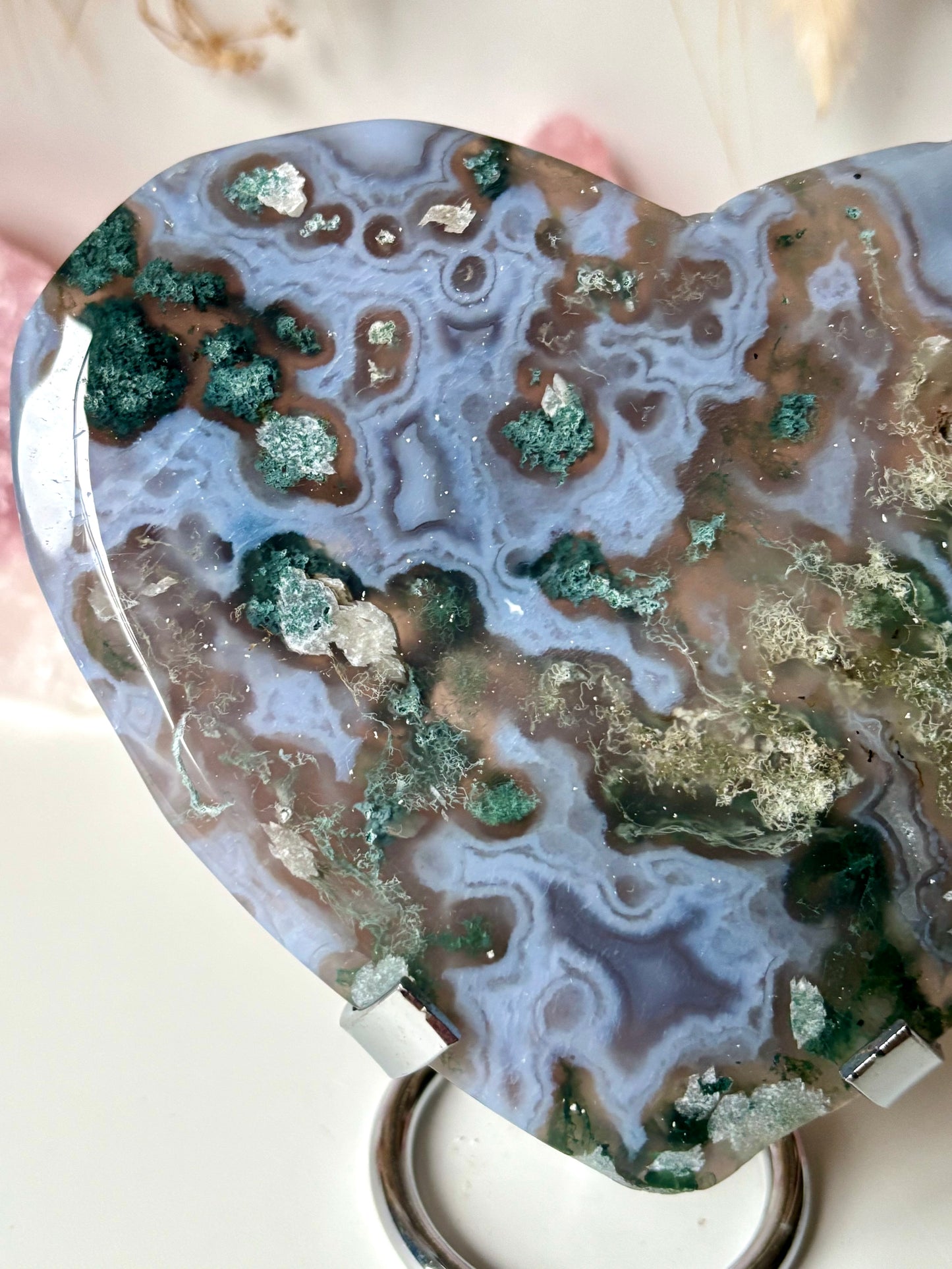 Moss Agate & Blue Chalcedony Heart with Stand