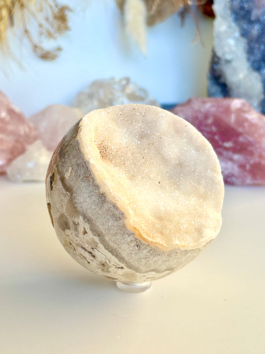 White Crazy Lace Agate & Sparkle semi - Sphere