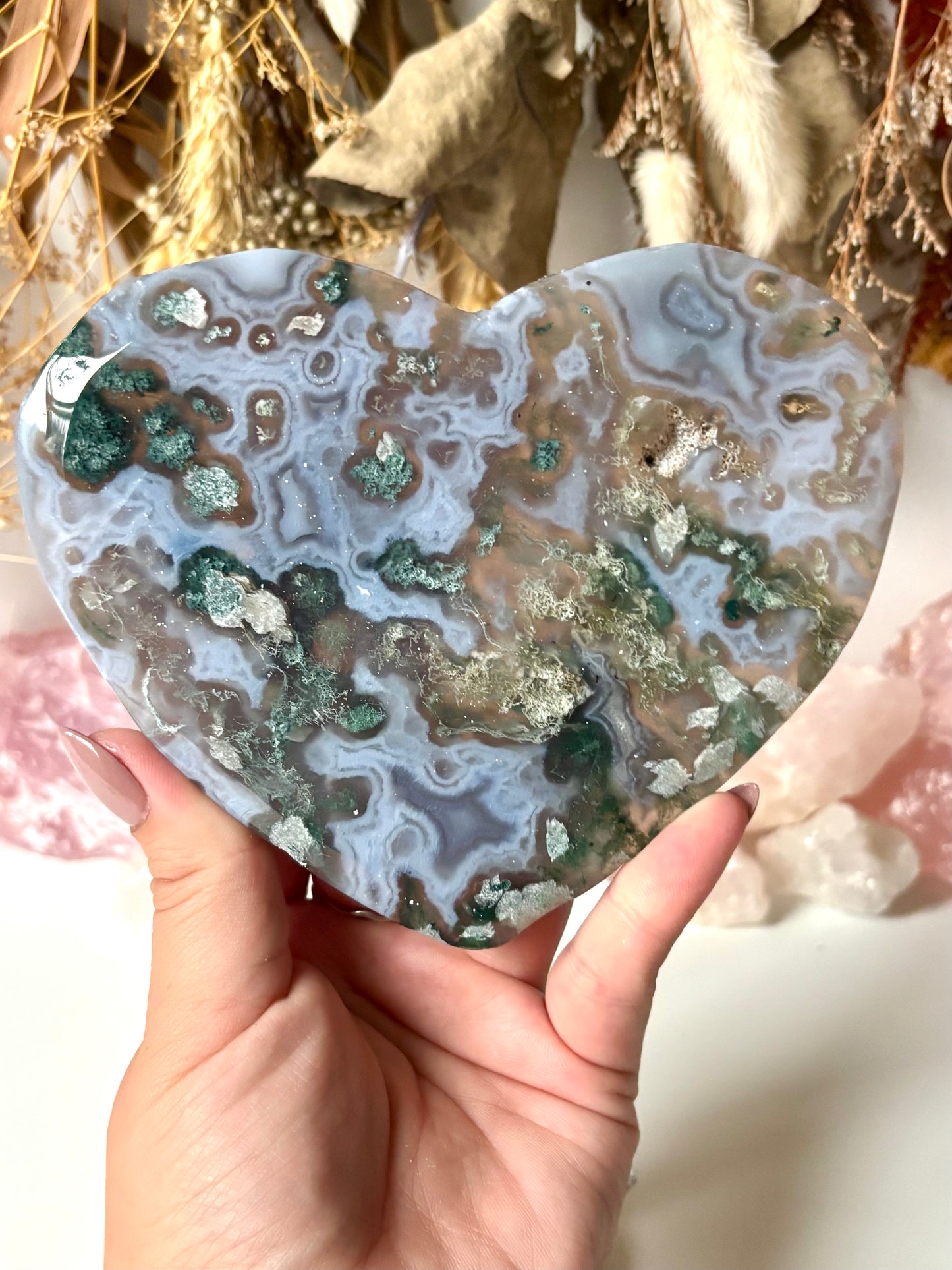 Moss Agate & Blue Chalcedony Heart with Stand