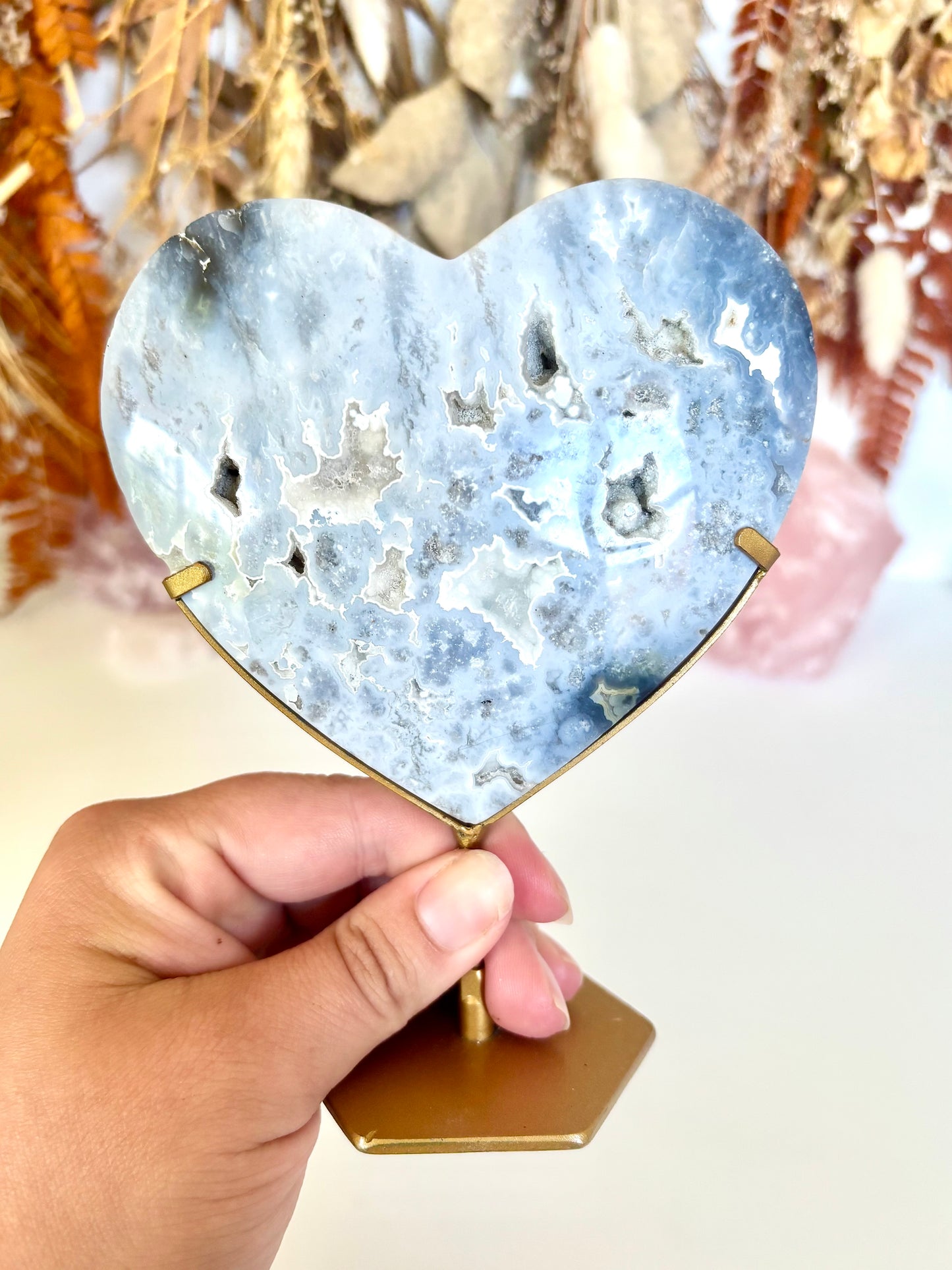 Blue Plume Agate Heart & Stand
