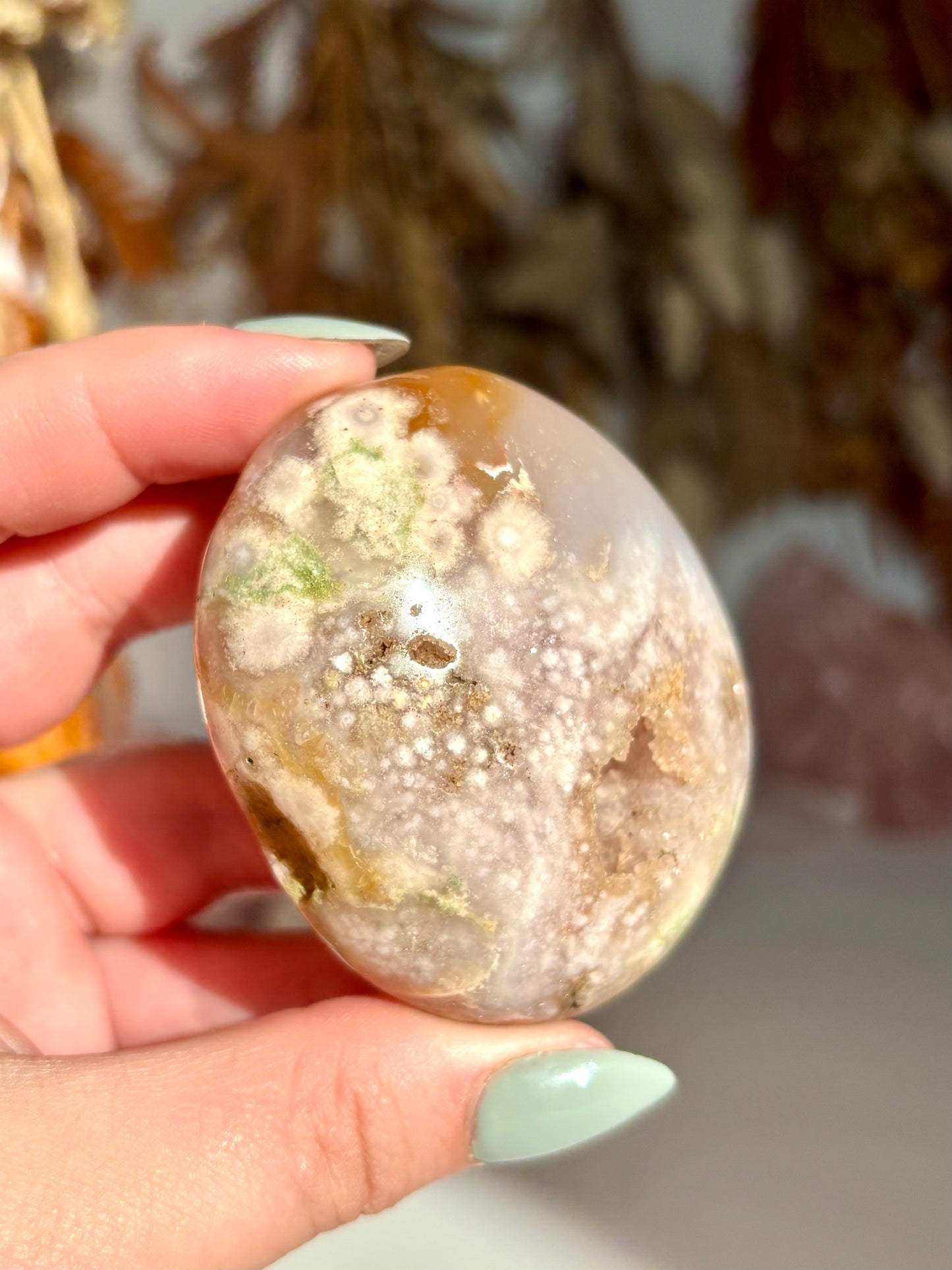 Druze Pink/Green Flower Agate Palmstone
