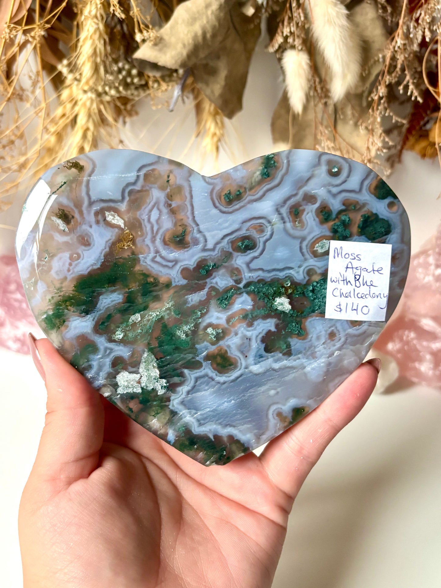 Moss Agate & Blue Chalcedony Heart with Stand