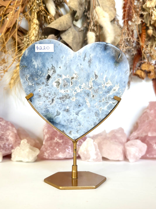 Blue Plume Agate Heart & Stand