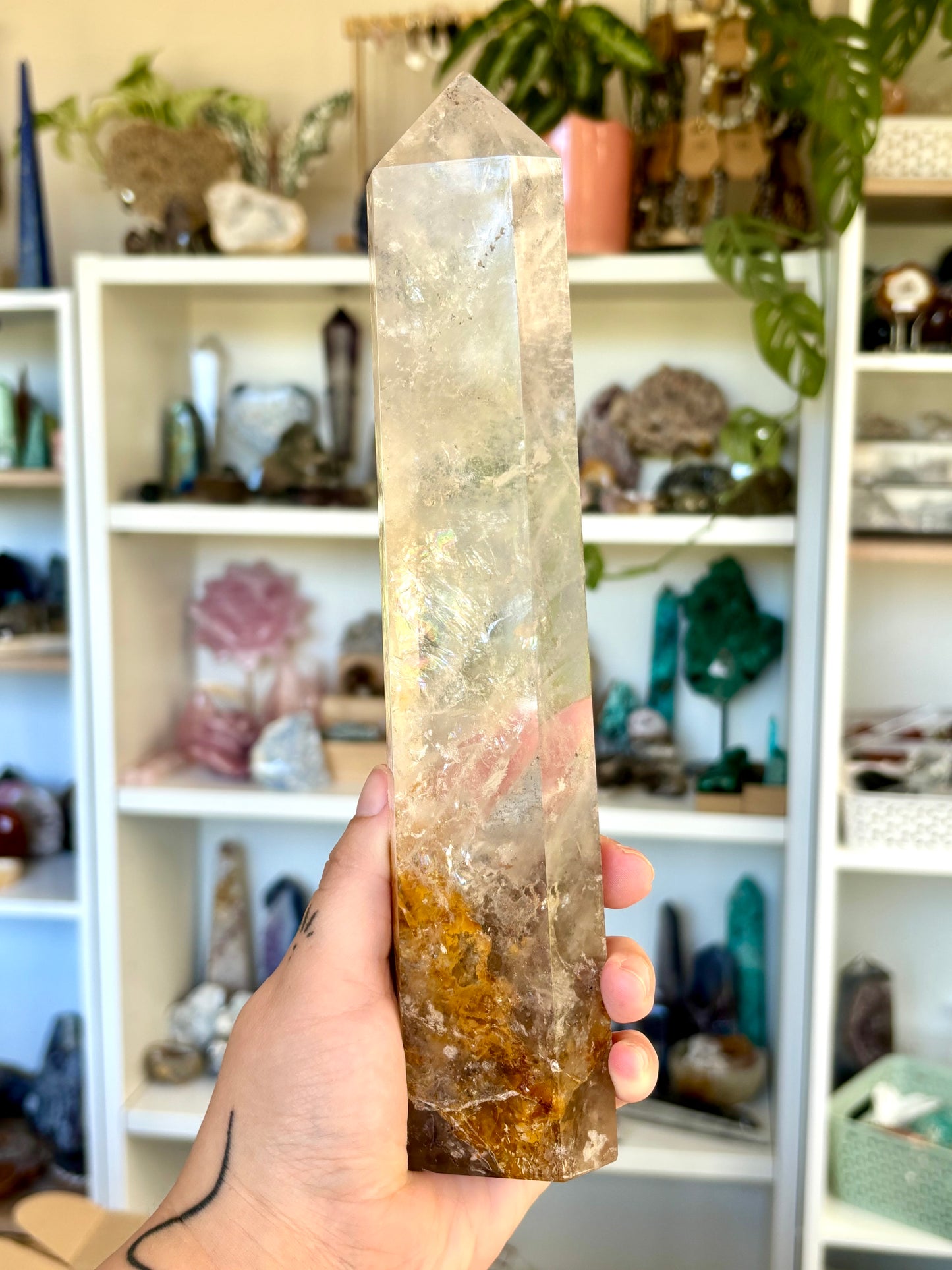 Clear Quartz Tower with Hematoid Inclusion & Rainbows