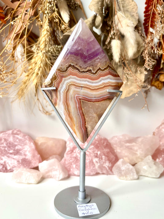 Crazy Lace Agate & Amethyst Diamond with Stand
