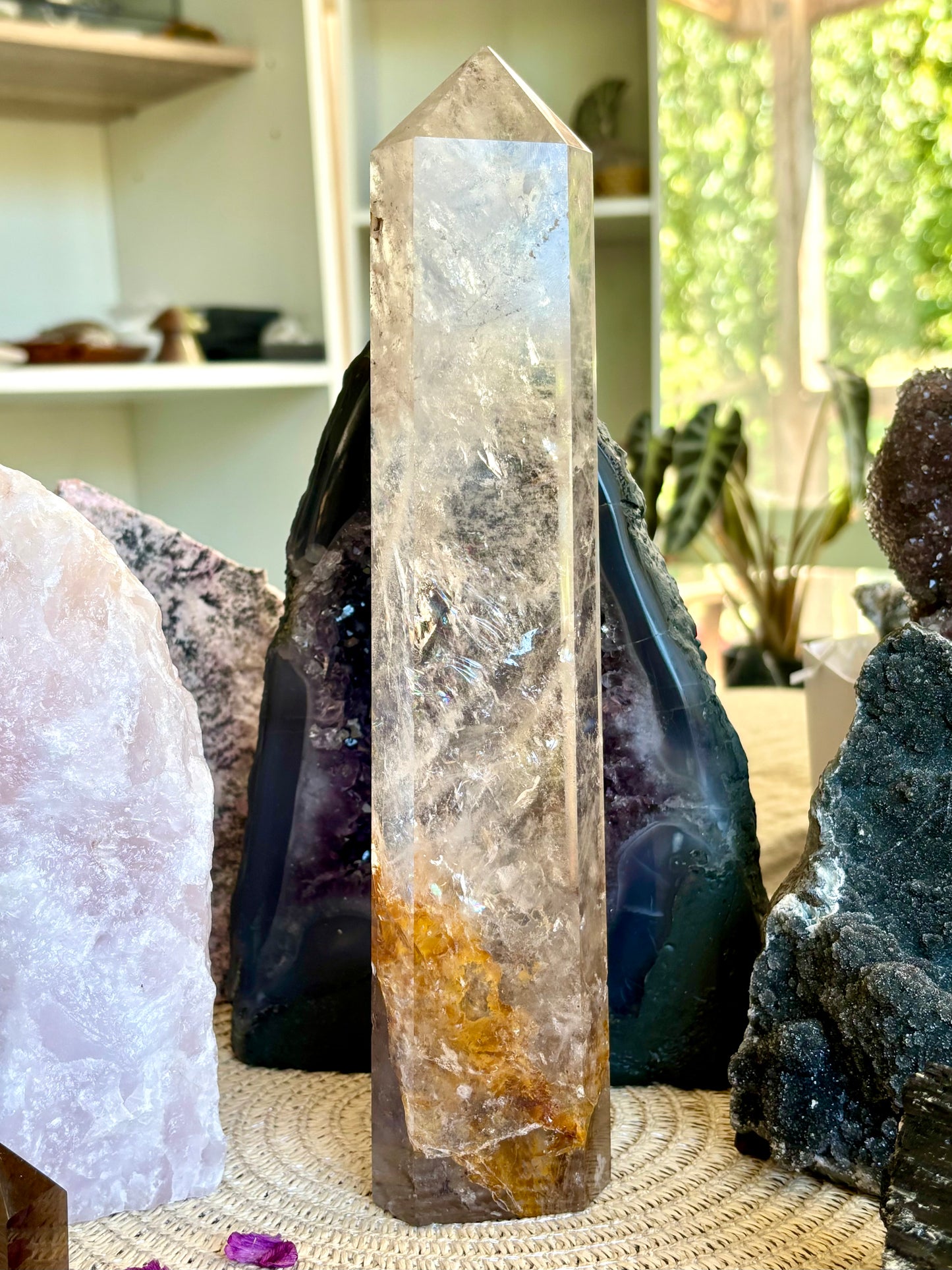 Clear Quartz Tower with Hematoid Inclusion & Rainbows