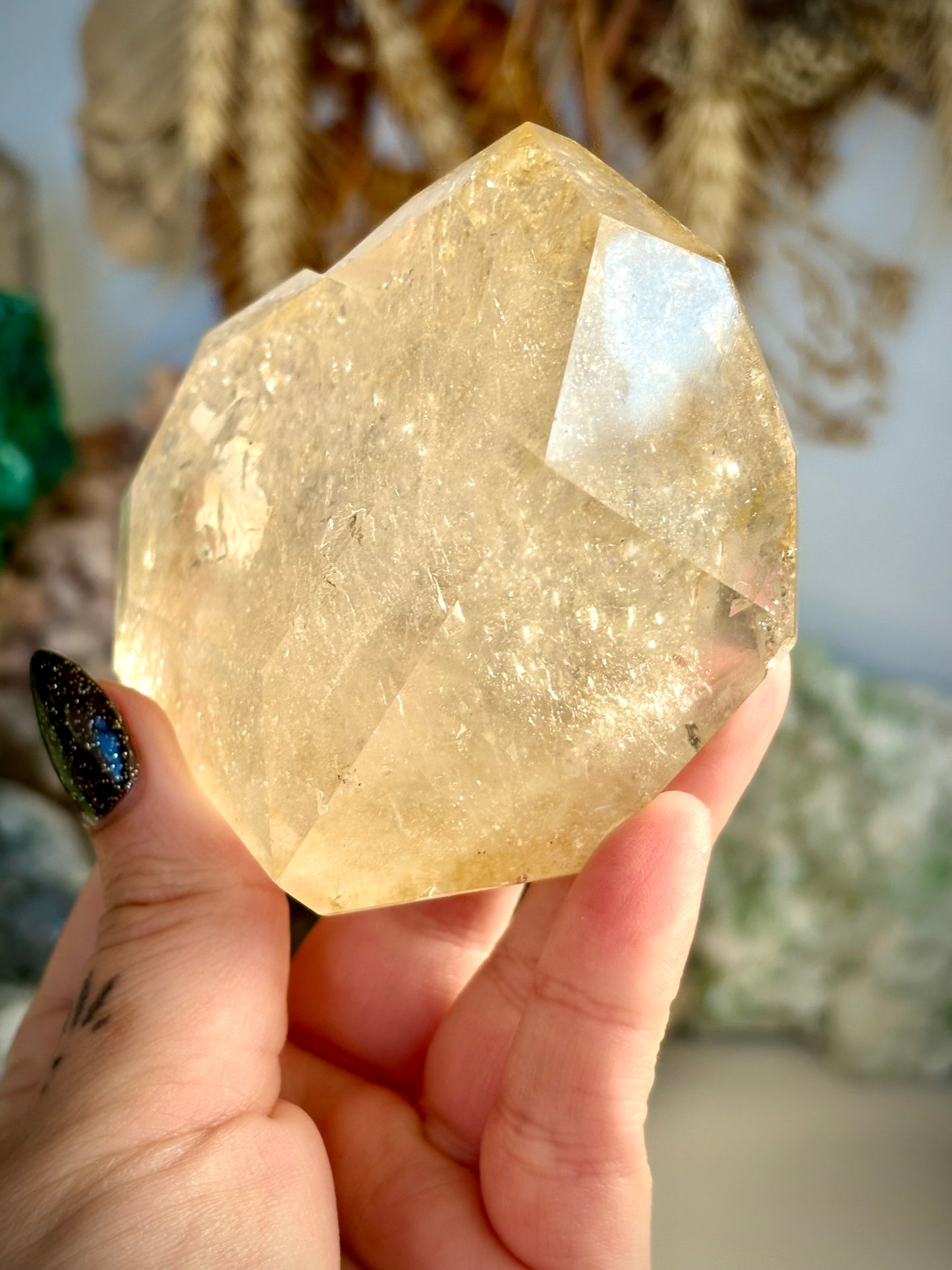 Facented “one face” Heart, Quartz with Golden Healer