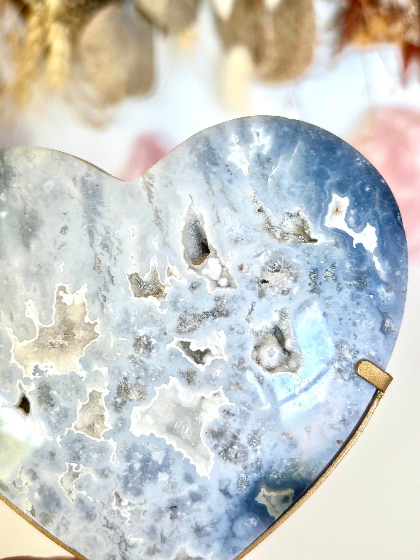 Blue Plume Agate Heart & Stand