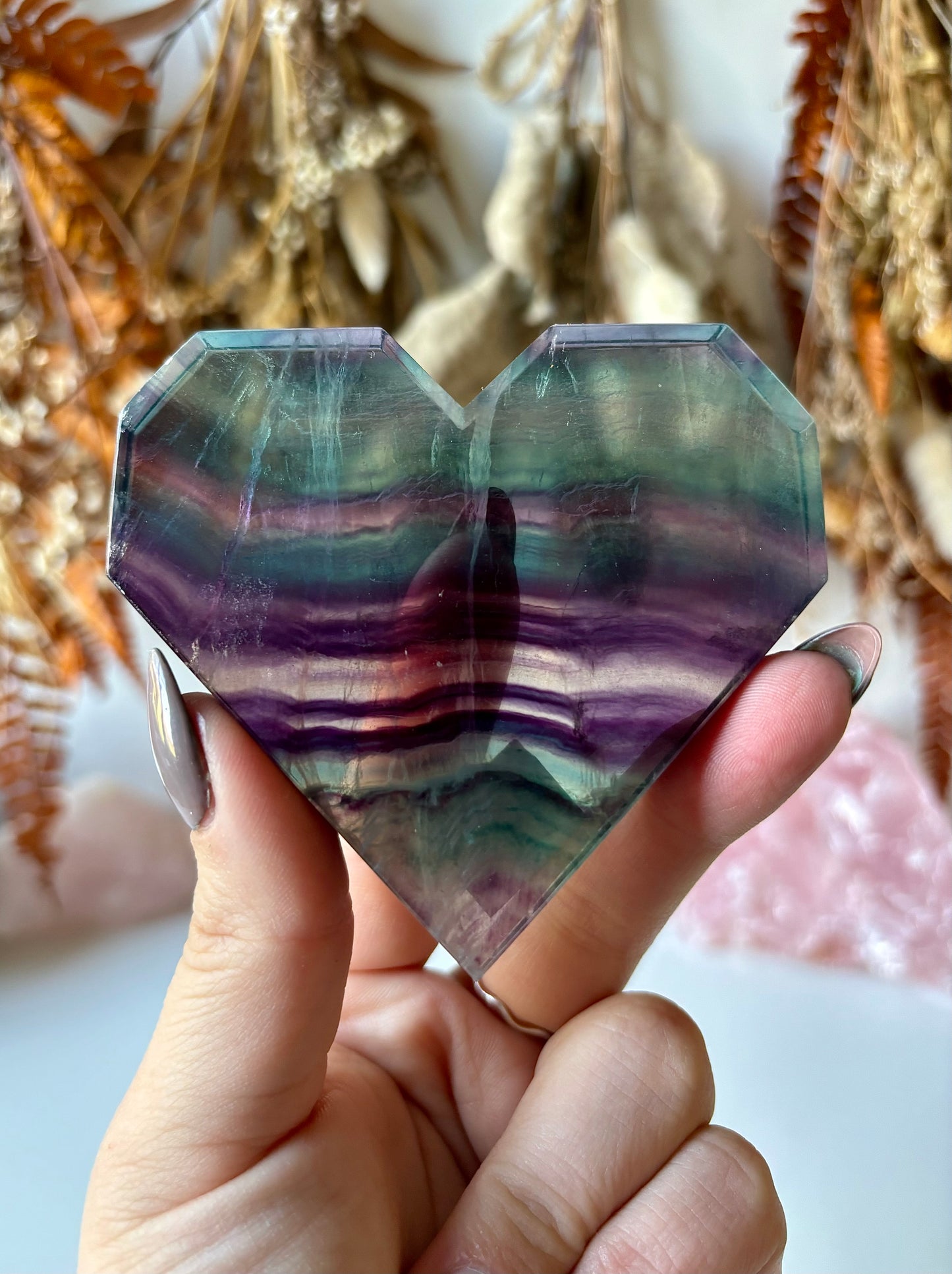 Geometric Rainbow Fluorite Heart with stand