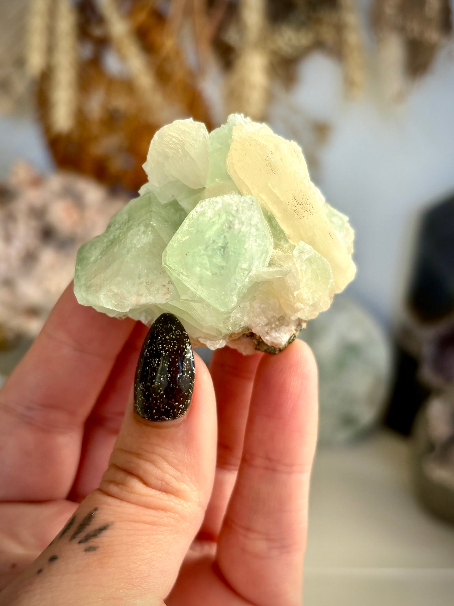Green Apophyllite with Stilbite - India