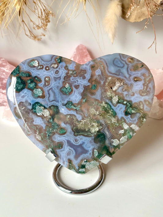 Moss Agate & Blue Chalcedony Heart with Stand