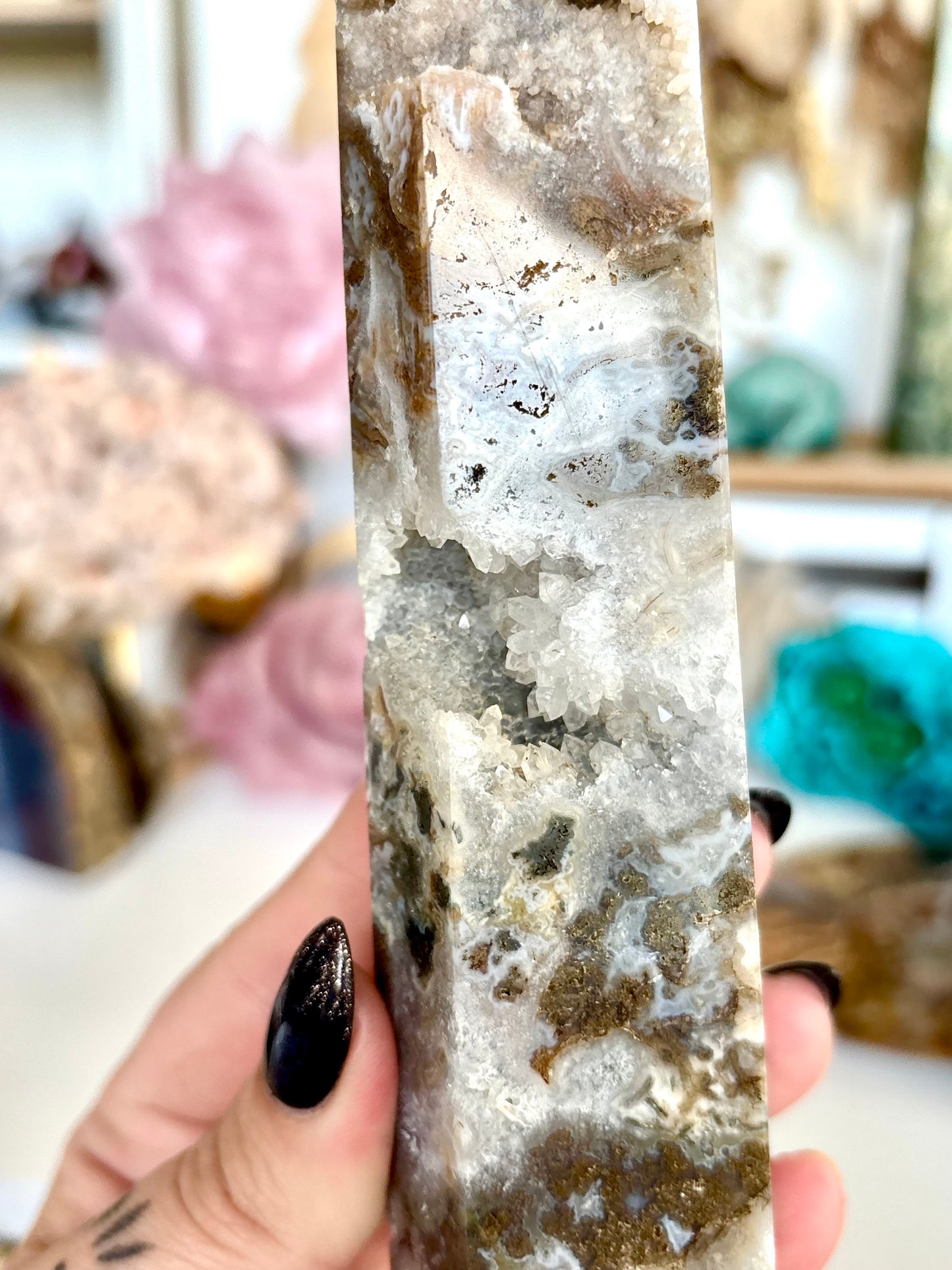 Moss Agate Tower with Cluster Druse