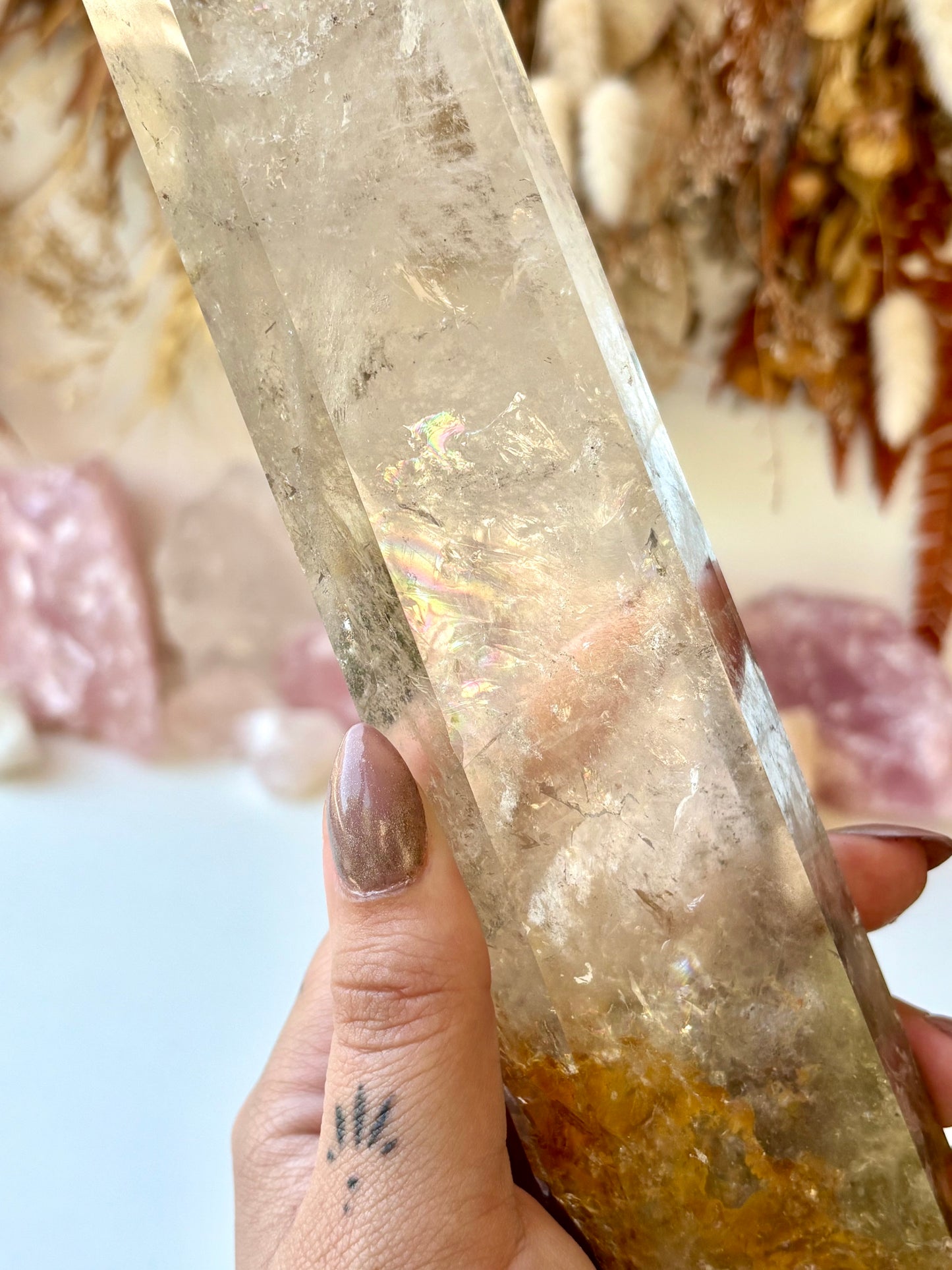 Clear Quartz Tower with Hematoid Inclusion & Rainbows
