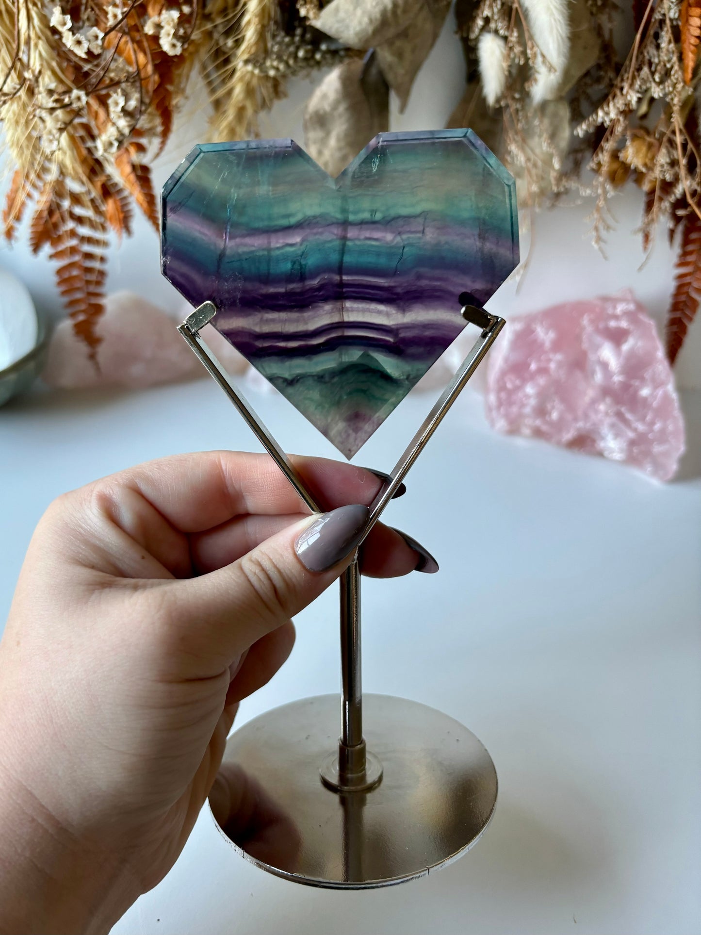 Geometric Rainbow Fluorite Heart with stand