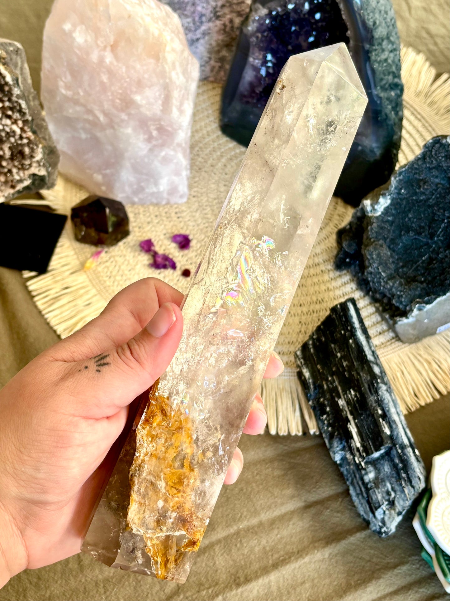 Clear Quartz Tower with Hematoid Inclusion & Rainbows