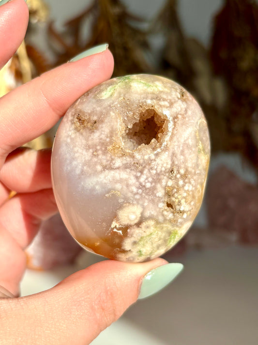 Druze Pink/Green Flower Agate Palmstone