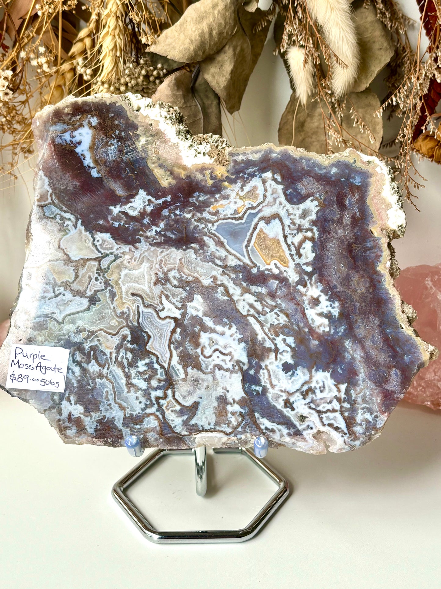 Purple Moss Agate Slab & Stand