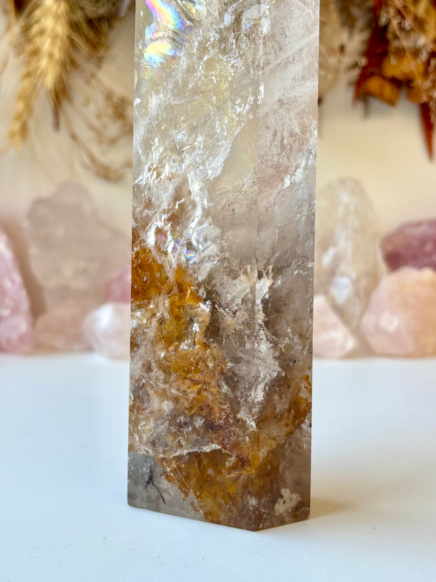 Clear Quartz Tower with Hematoid Inclusion & Rainbows