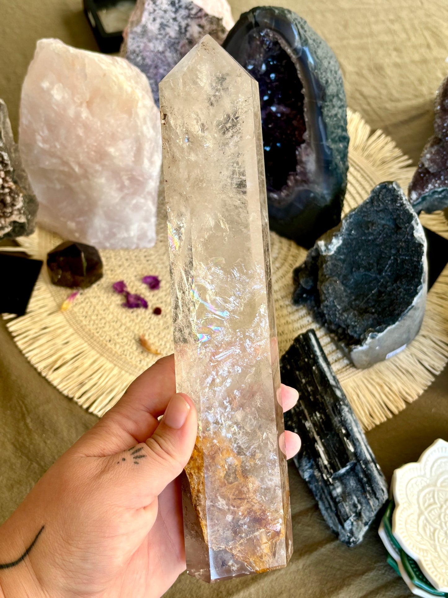Clear Quartz Tower with Hematoid Inclusion & Rainbows