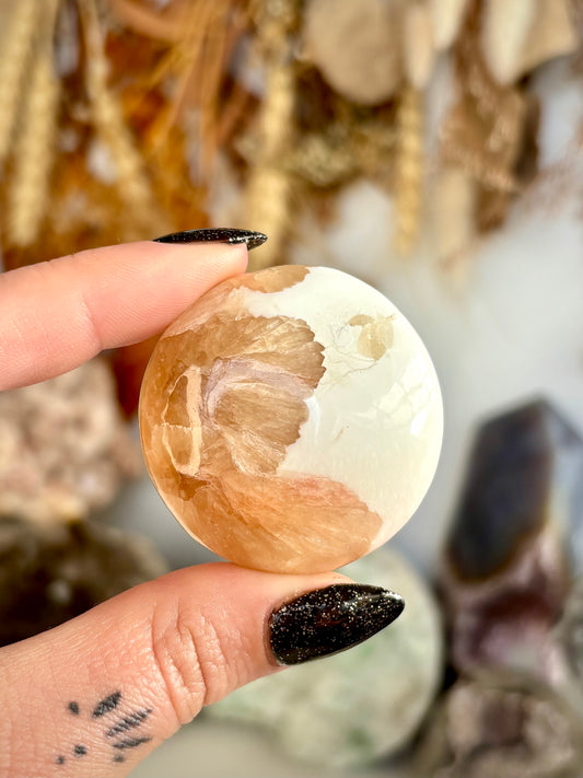 Orange Stilbite & Scolecite Palm Stone - India