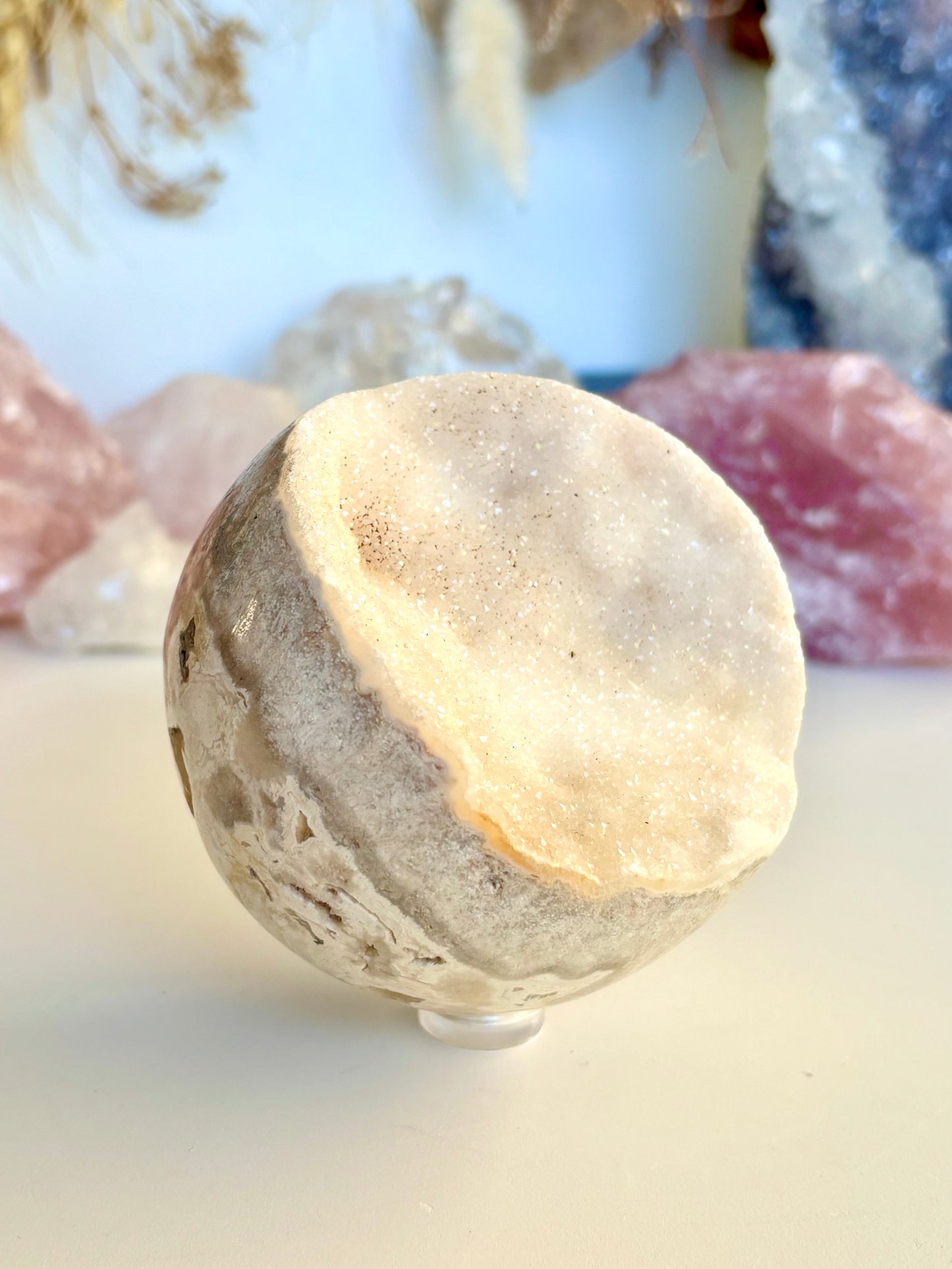 White Crazy Lace Agate & Sparkle semi - Sphere