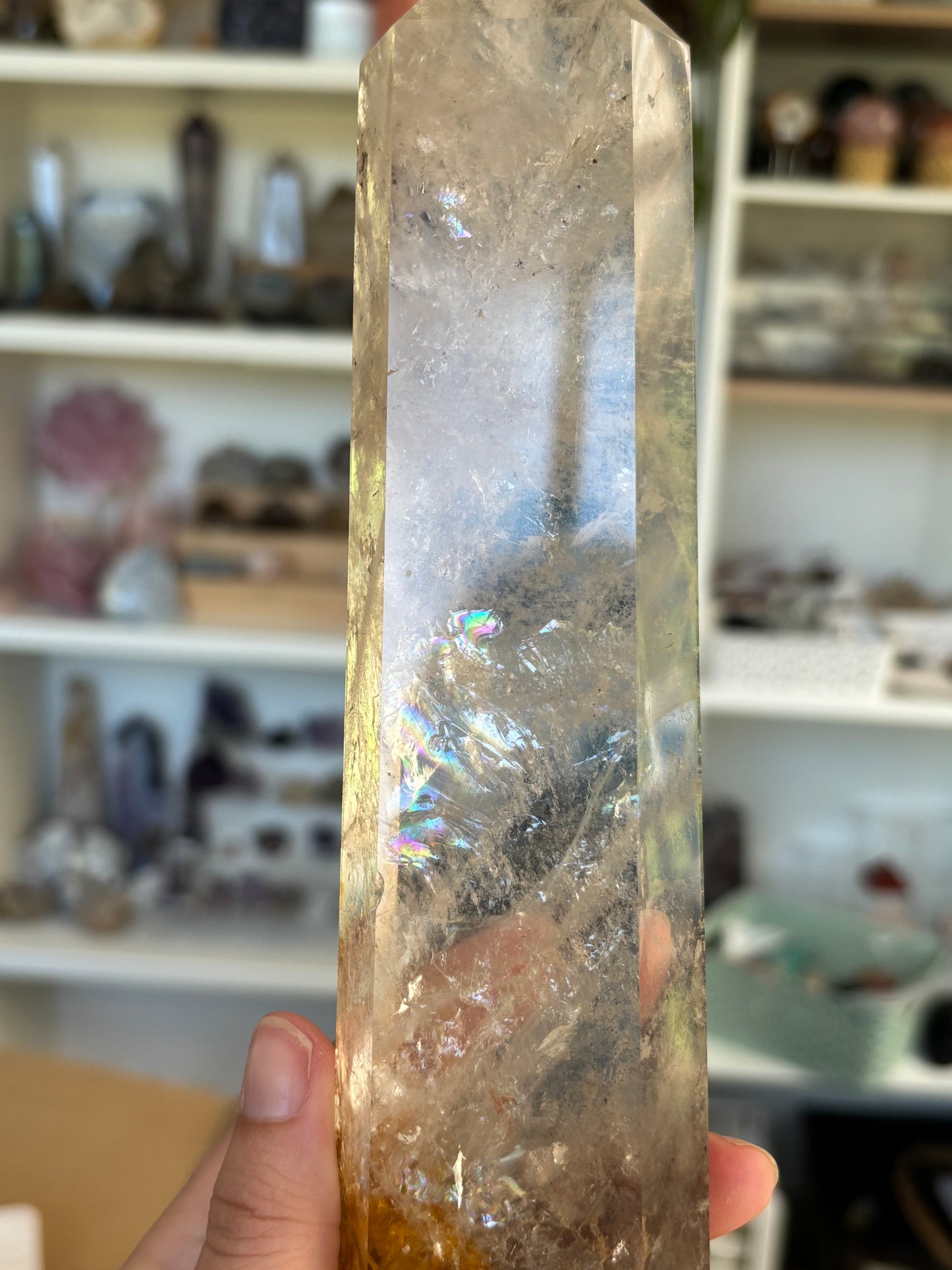 Clear Quartz Tower with Hematoid Inclusion & Rainbows
