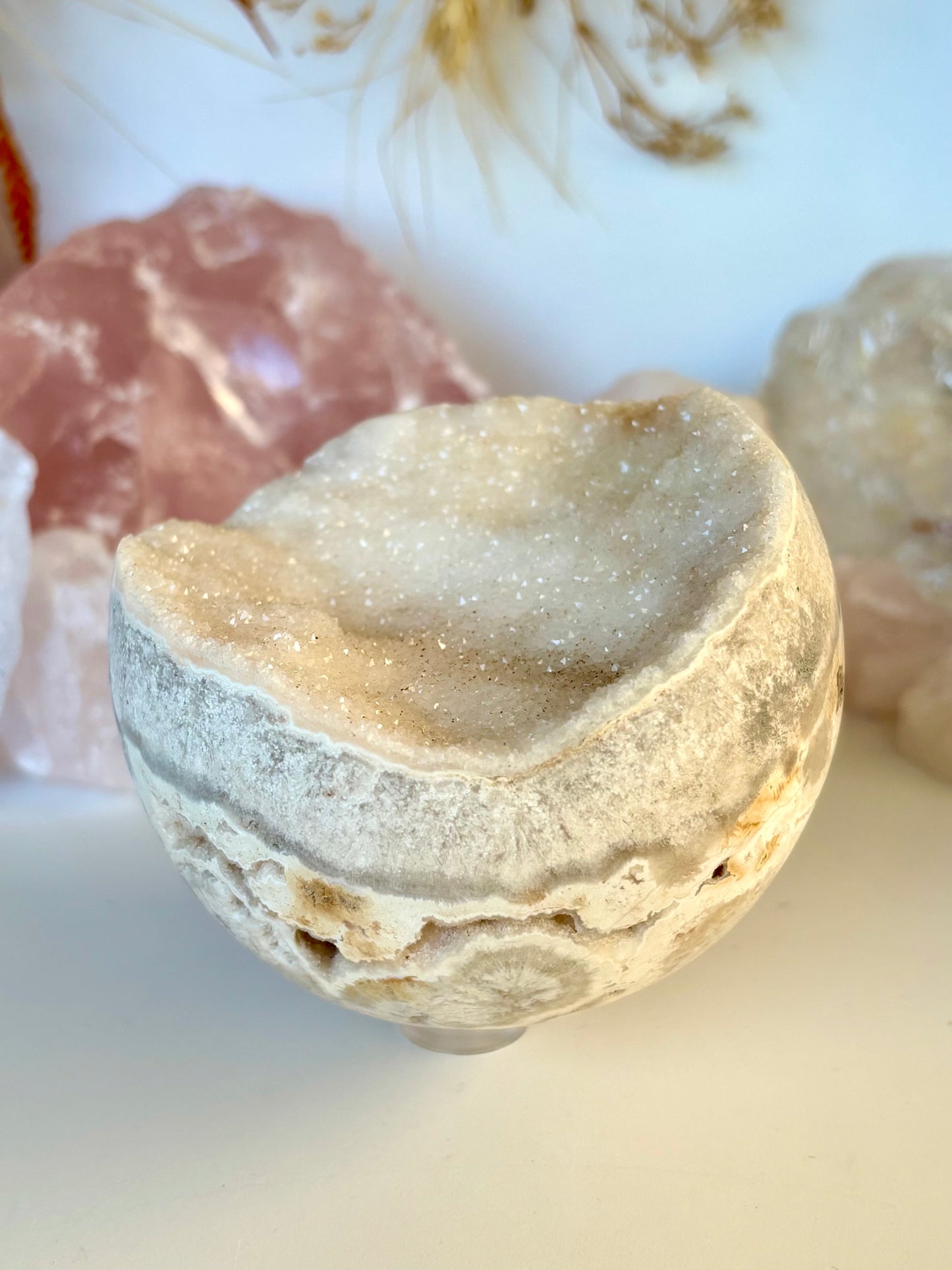 White Crazy Lace Agate & Sparkle semi - Sphere