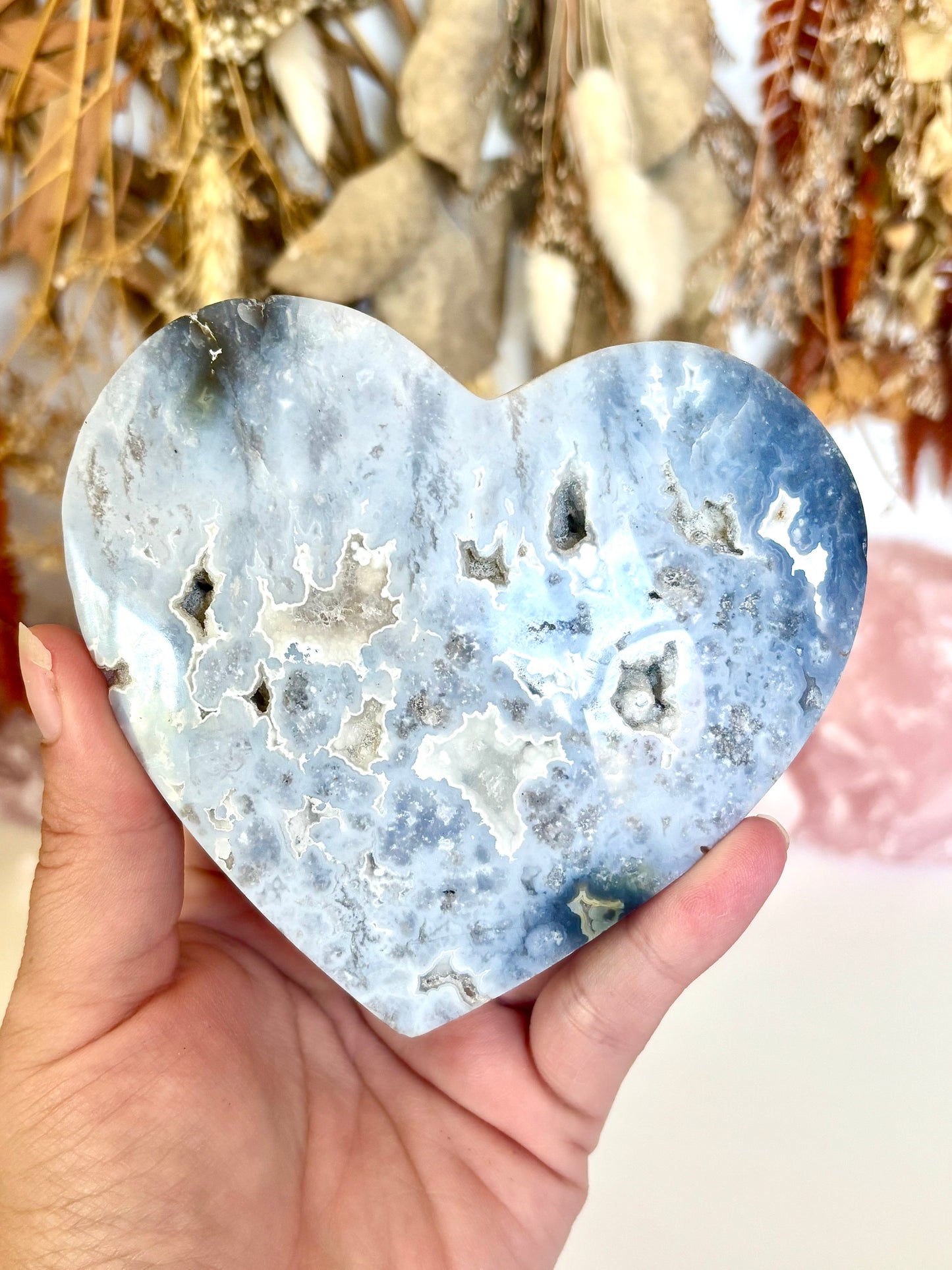Blue Plume Agate Heart & Stand