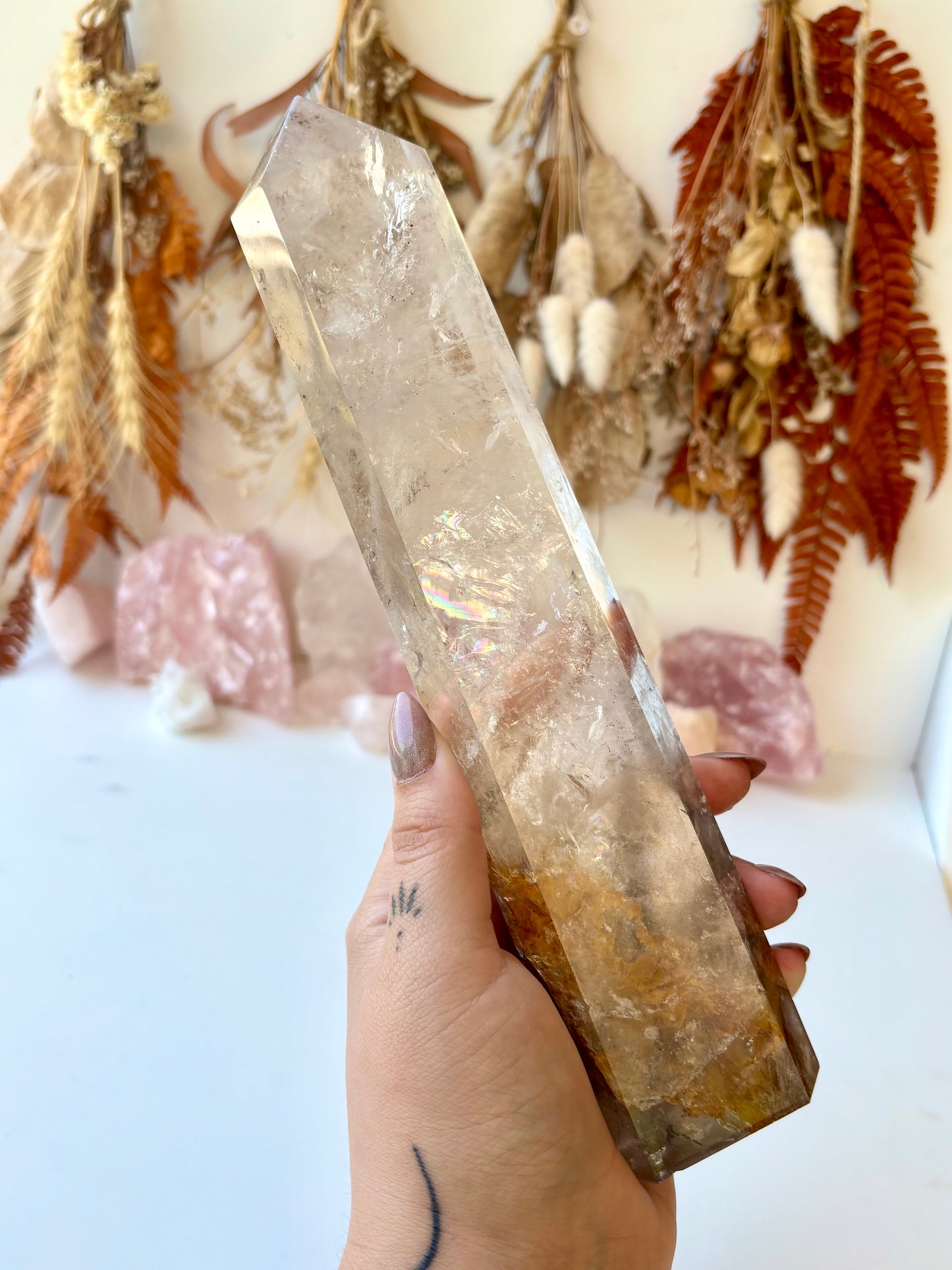 Clear Quartz Tower with Hematoid Inclusion & Rainbows