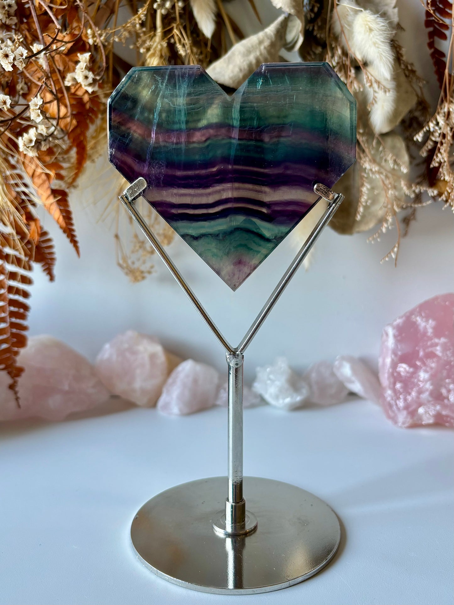 Geometric Rainbow Fluorite Heart with stand