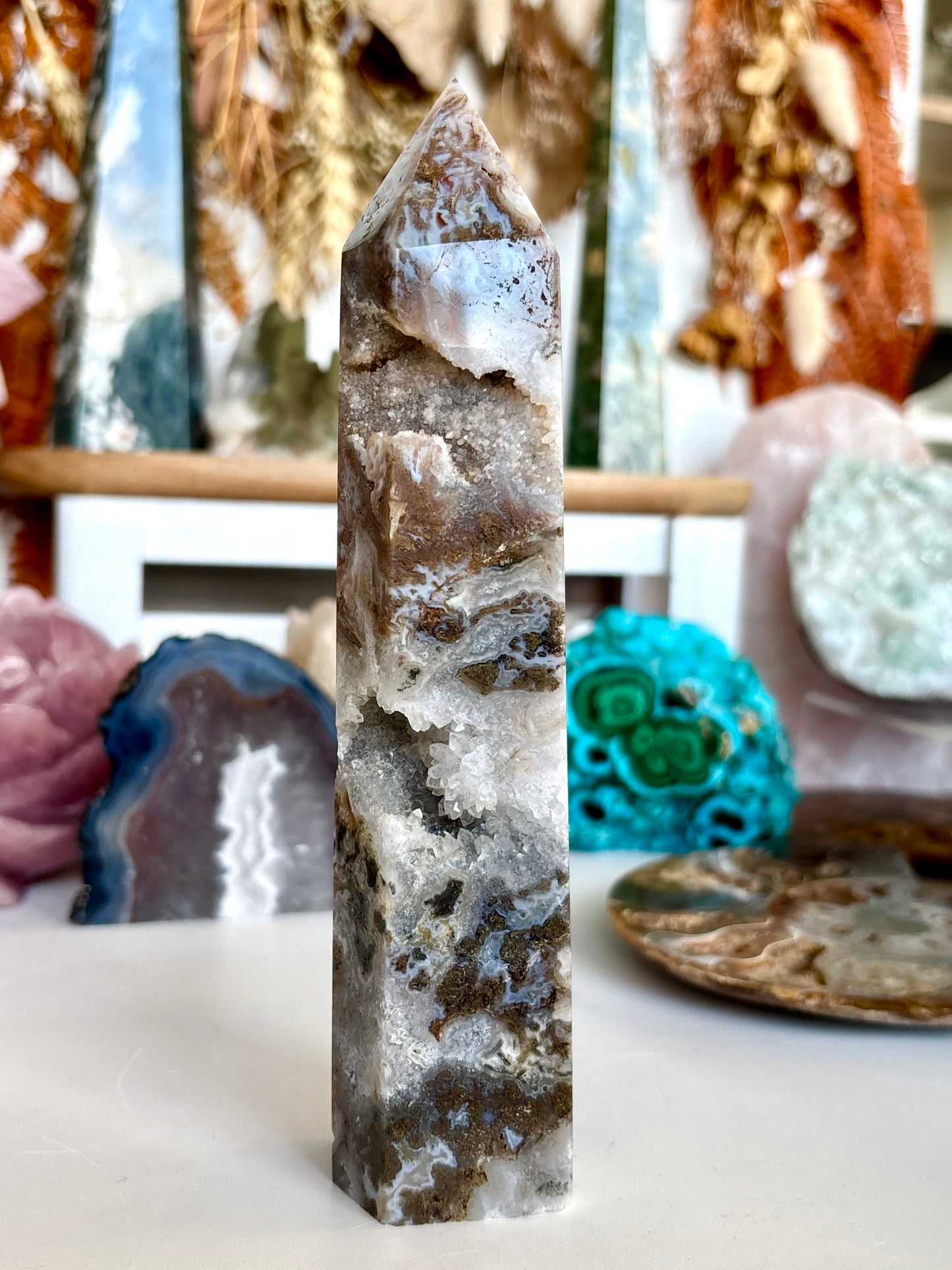 Moss Agate Tower with Cluster Druse