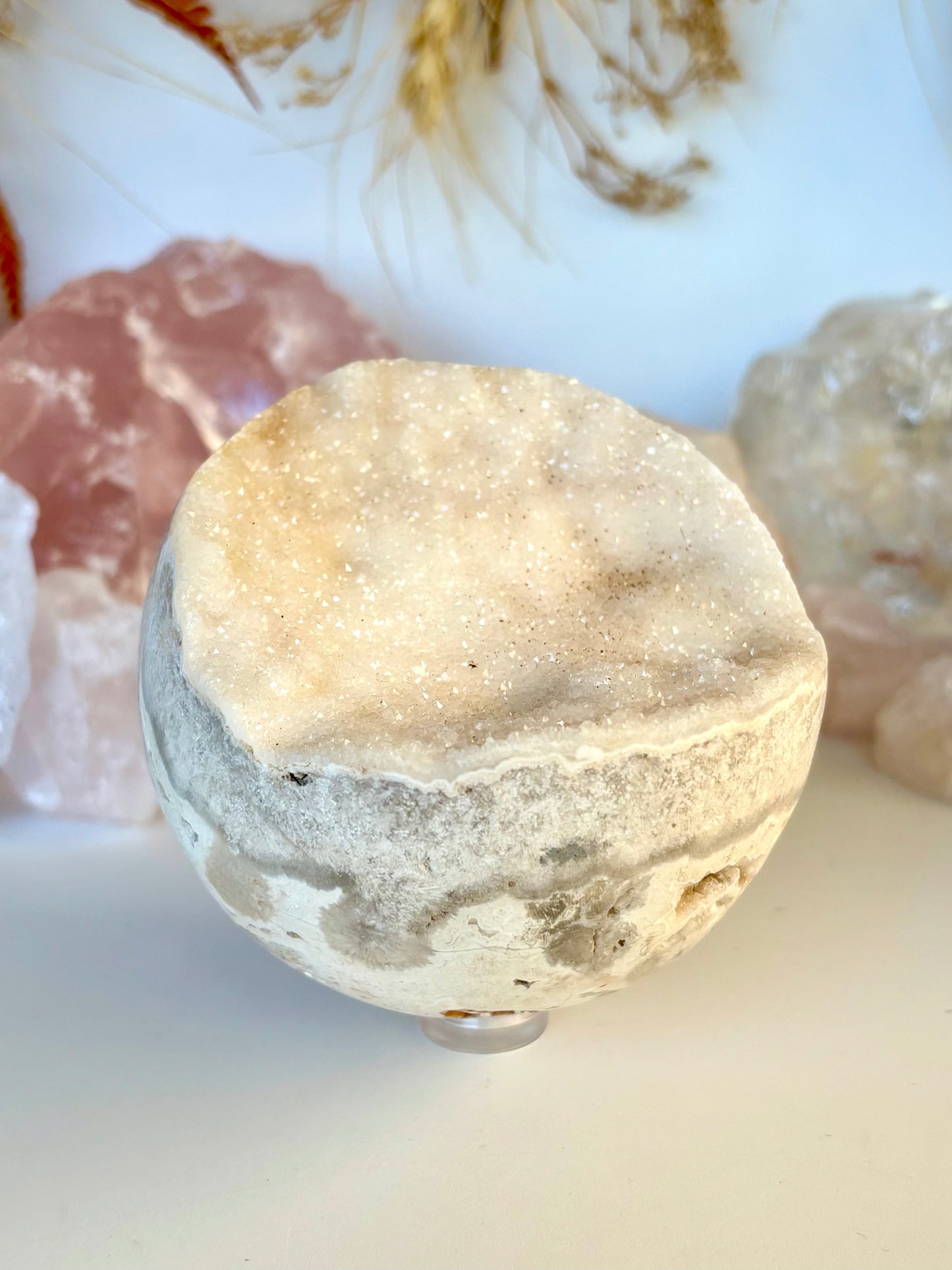 White Crazy Lace Agate & Sparkle semi - Sphere