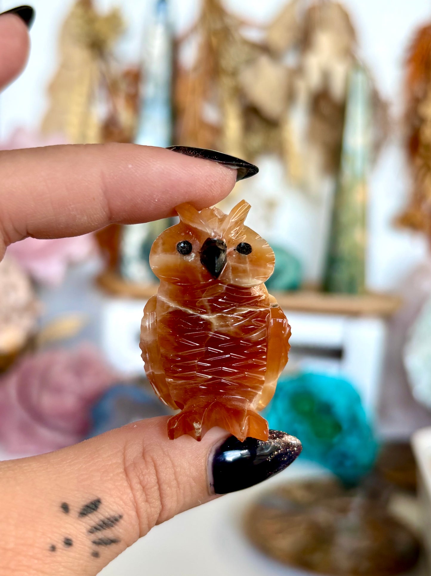 Honey Calcite Hand Carved Owl - Argentina