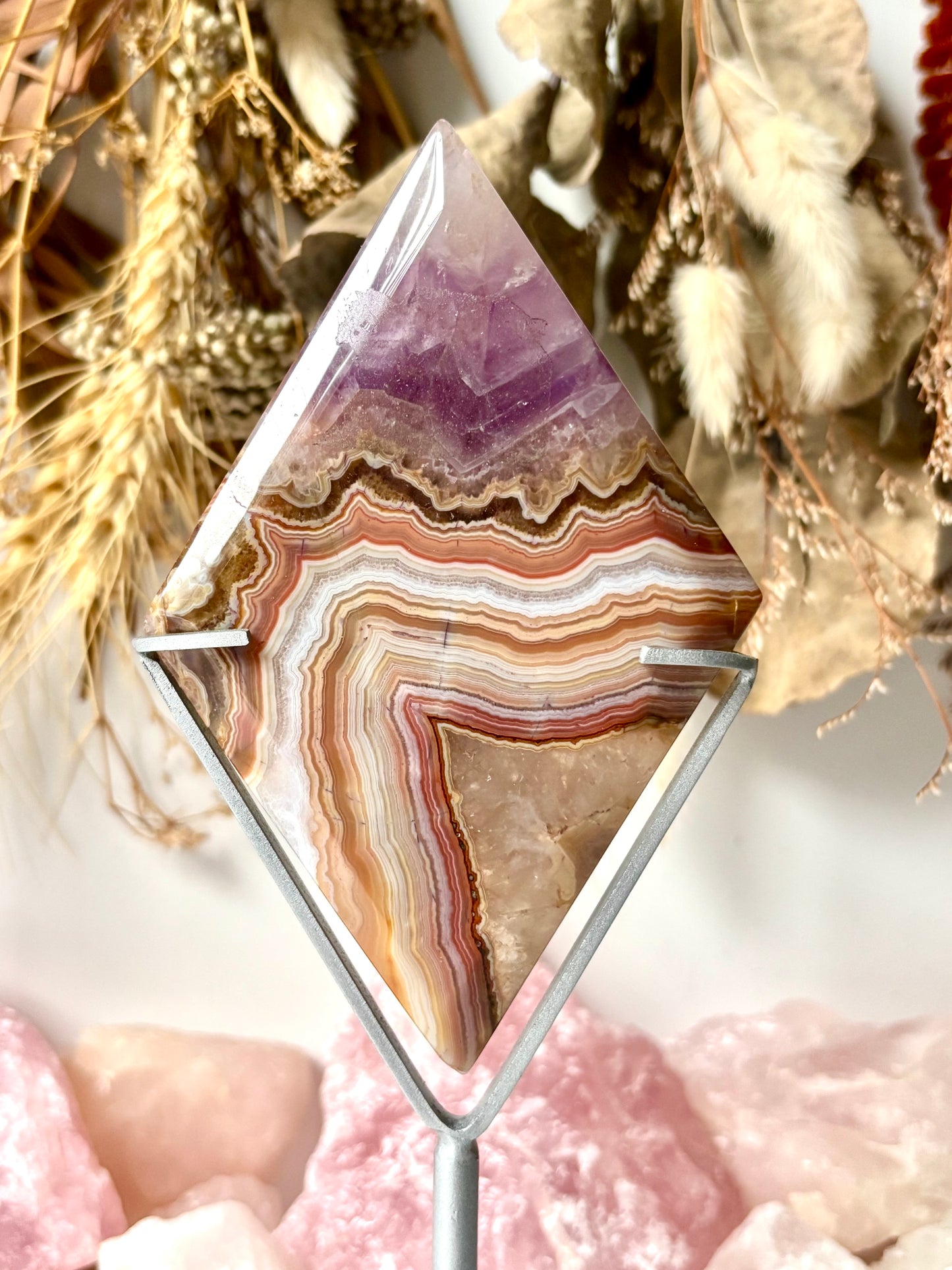 Crazy Lace Agate & Amethyst Diamond with Stand