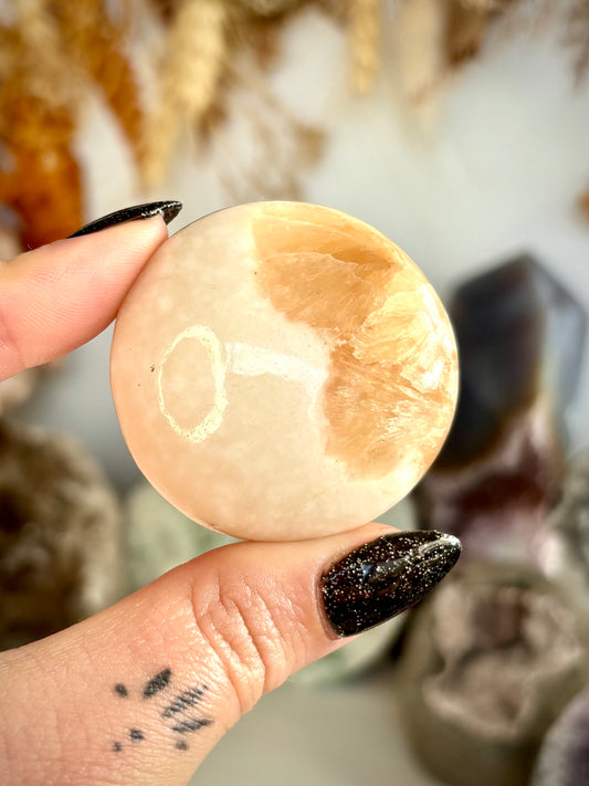 Orange Stilbite & Scolecite Palm Stone - India