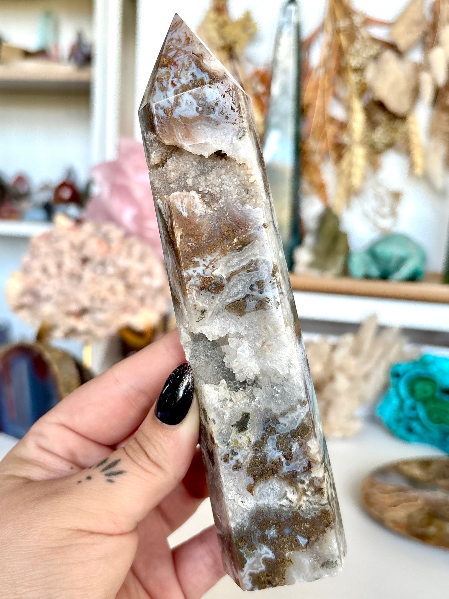 Moss Agate Tower with Cluster Druse