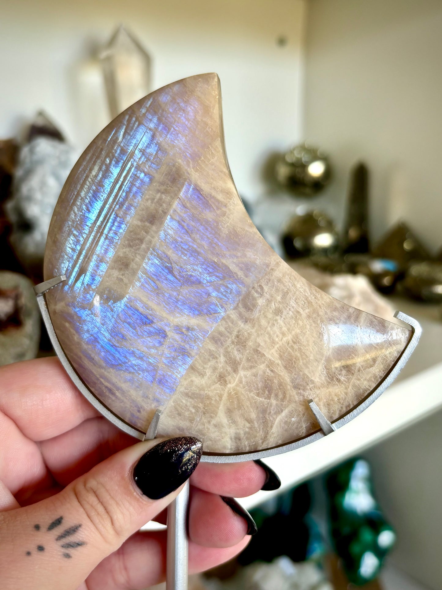 Blue Flash Moonstone Moon & Stand