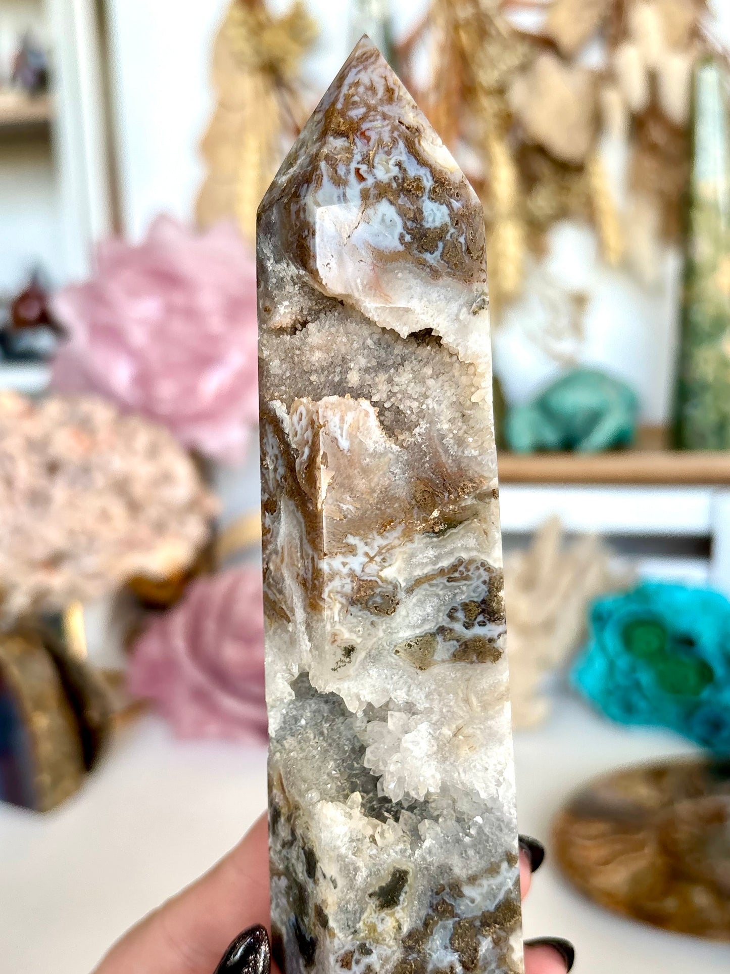 Moss Agate Tower with Cluster Druse