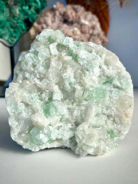 Green Zoned Apophyllite with Stilbite & Scolecite - India