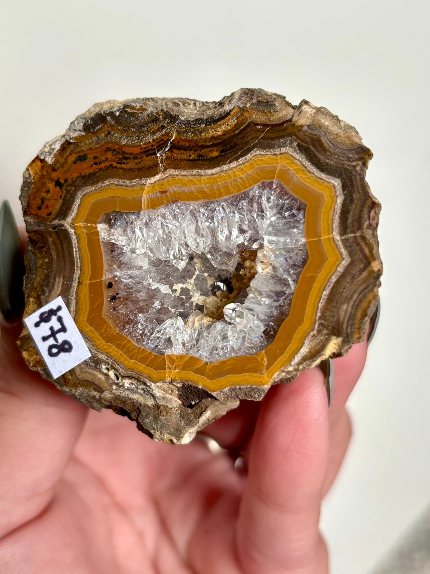 Mustard banded Agate with Quartz & Amethyst Geode