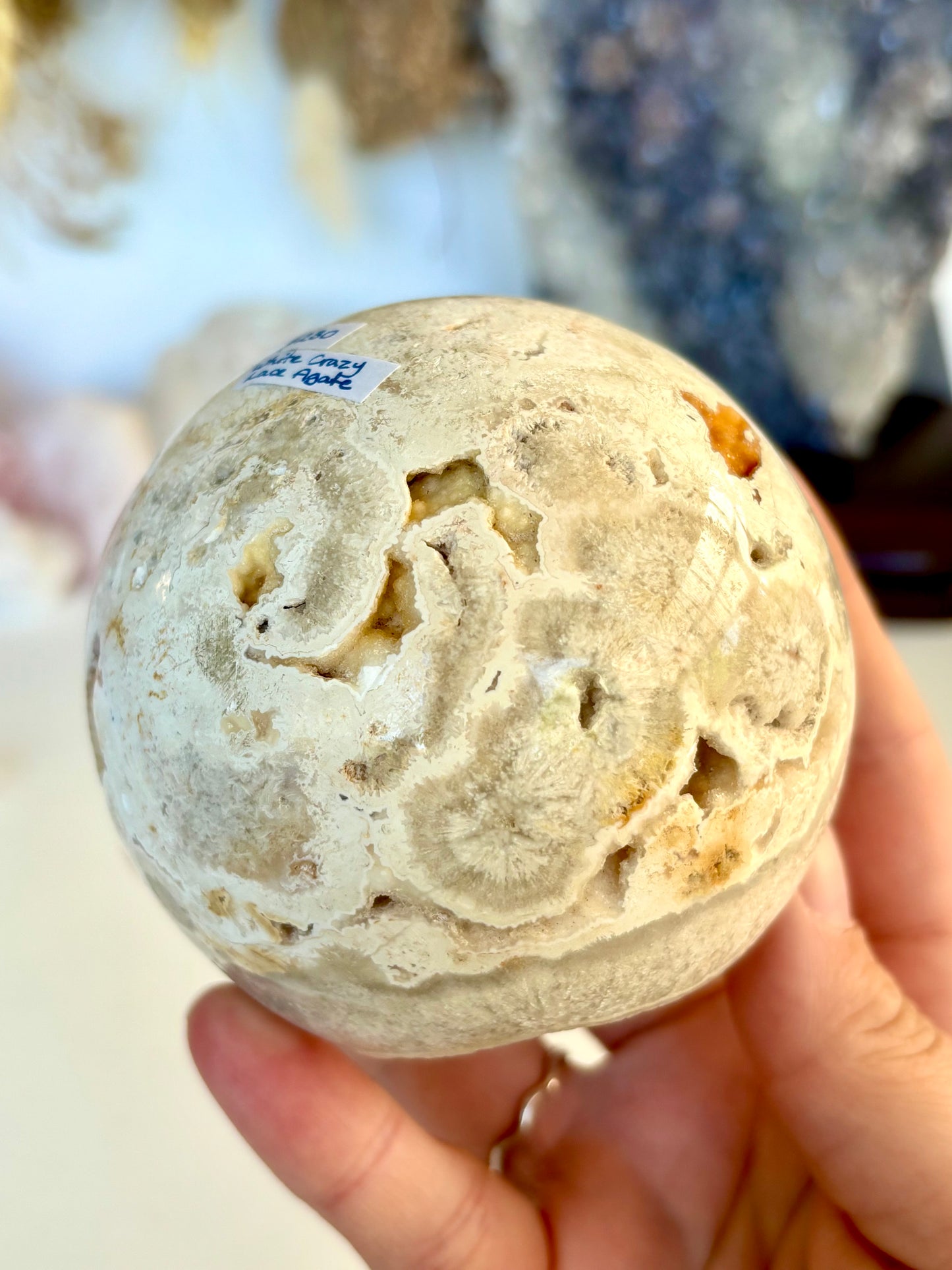 White Crazy Lace Agate & Sparkle semi - Sphere