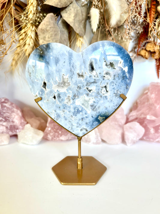 Blue Plume Agate Heart & Stand