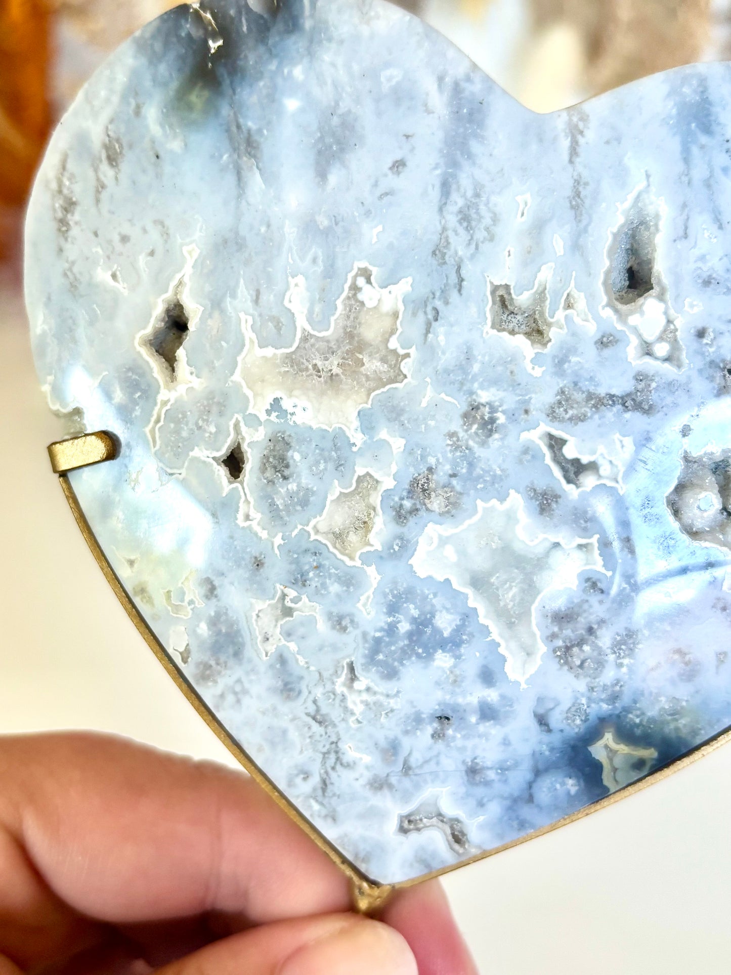 Blue Plume Agate Heart & Stand