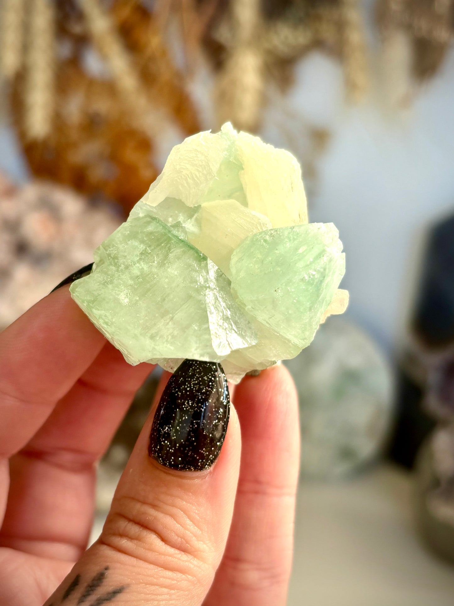 Green Apophyllite with Stilbite - India