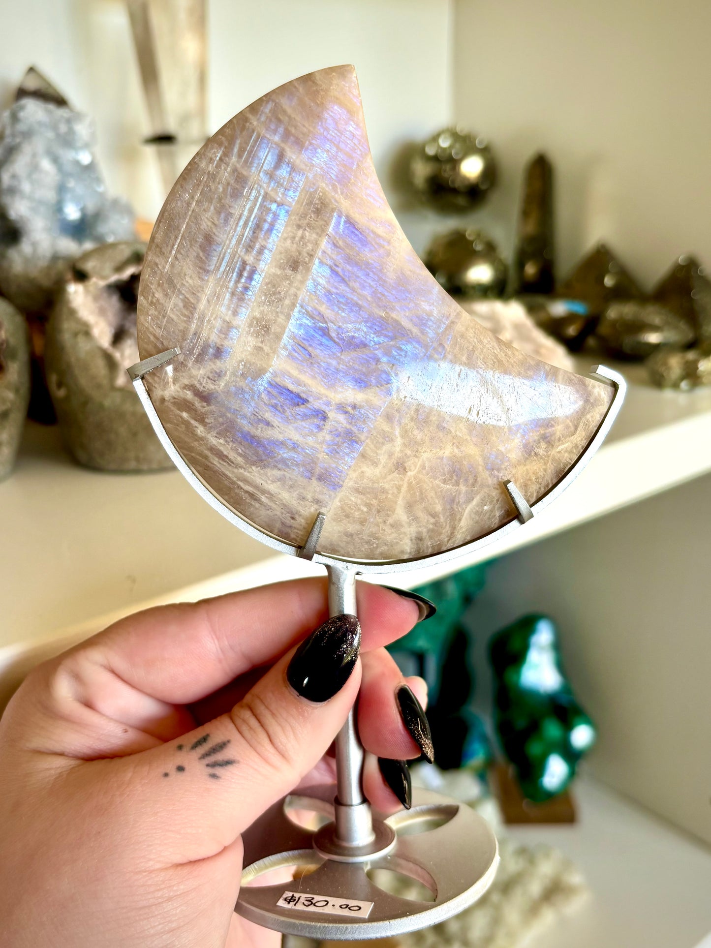 Blue Flash Moonstone Moon & Stand
