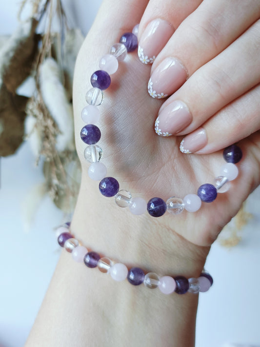 Amethyst, Rose Quartz & Clear Quartz Bracelet 6mm